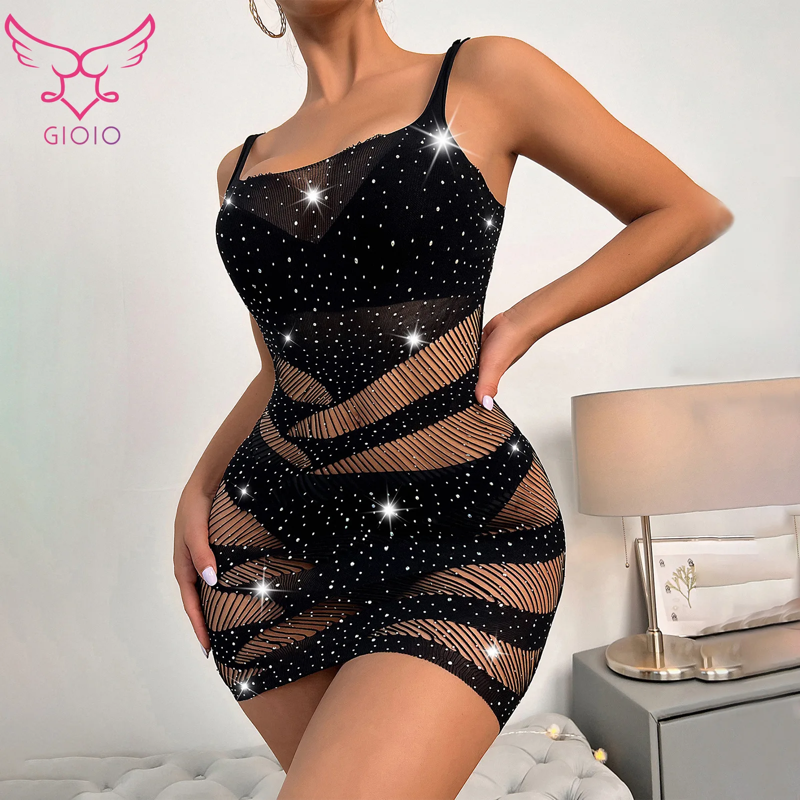 

GIOIO Sexy Hot Drill Striped Sexy Lingerie Female Bright Drill Free Fishnet Tight Net Dress Cool Nightclub Wholesale Dropshiping