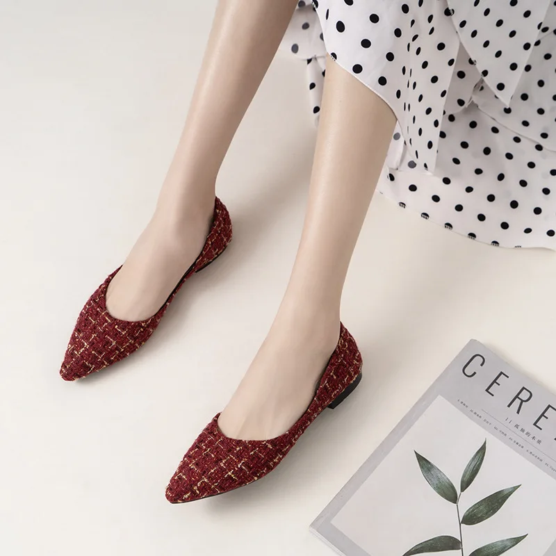 Hot Women Pointed Toe Plaid Flats Woman Ballerina Loafers Soft Bottom Lattices Moccasins Femme Plus Size 40/42 Shoes