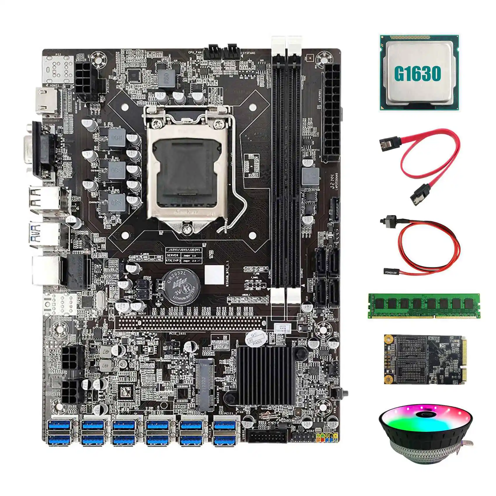 B75 BTC Mining Motherboard 12 USB+G1630 CPU+RGB Fan+DDR3 4GB 1600Mhz RAM+128G SSD+Switch Cable+SATA Cable Motherboard