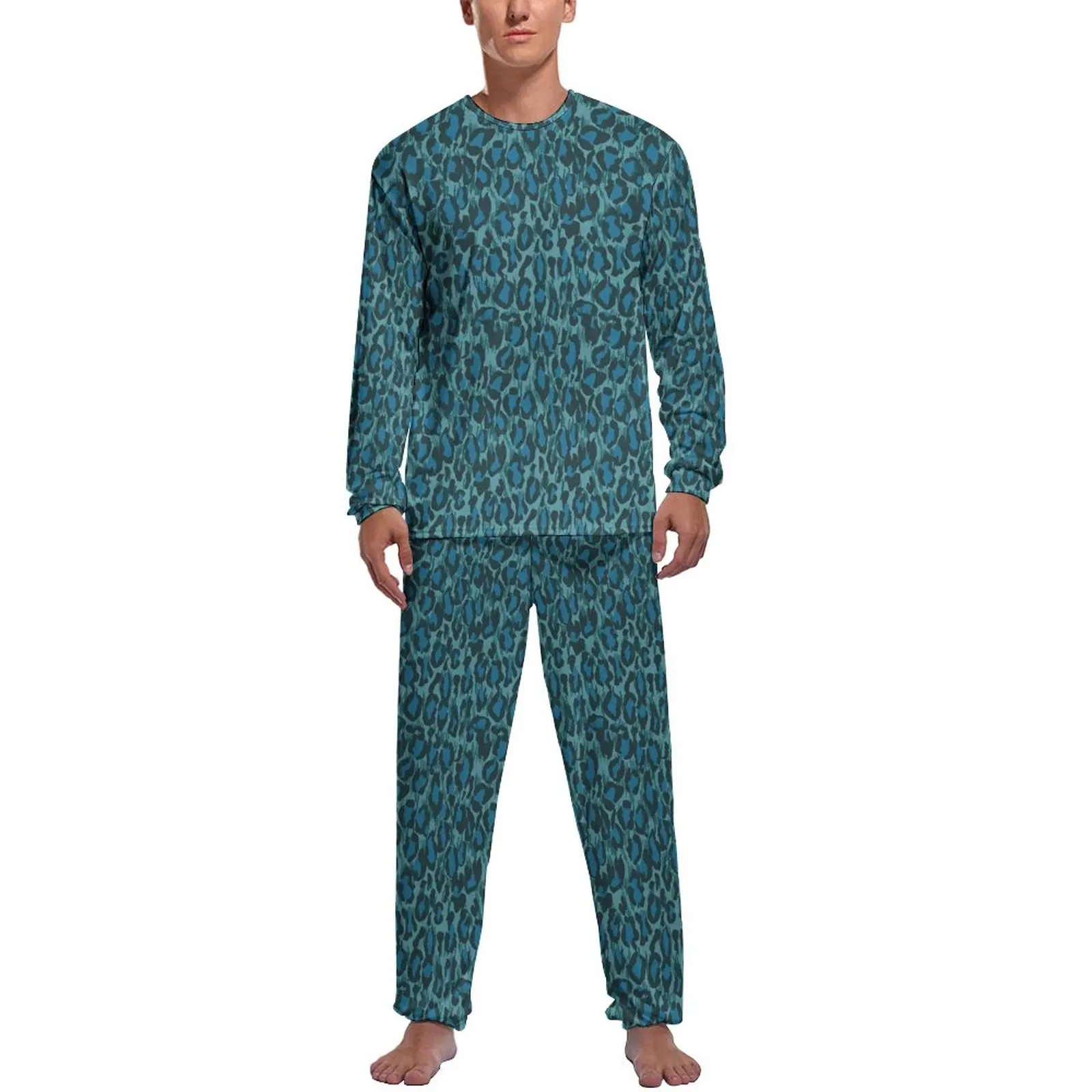 Blue Leopard Print Pajamas Autumn Funky Animal Casual Home Suit Mens 2 Piece Design Long Sleeve Romantic Pajama Sets