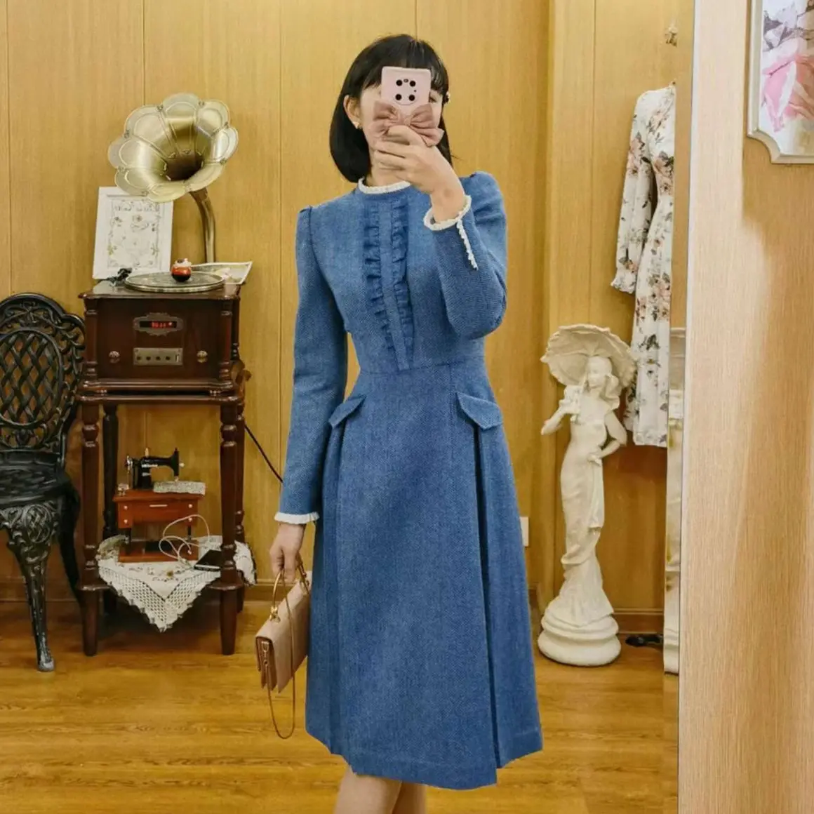 

private size customized Original Design Elegant Vintage Dresses for Women Half High Collar Herringbone Velvet Ladies A-line Wool