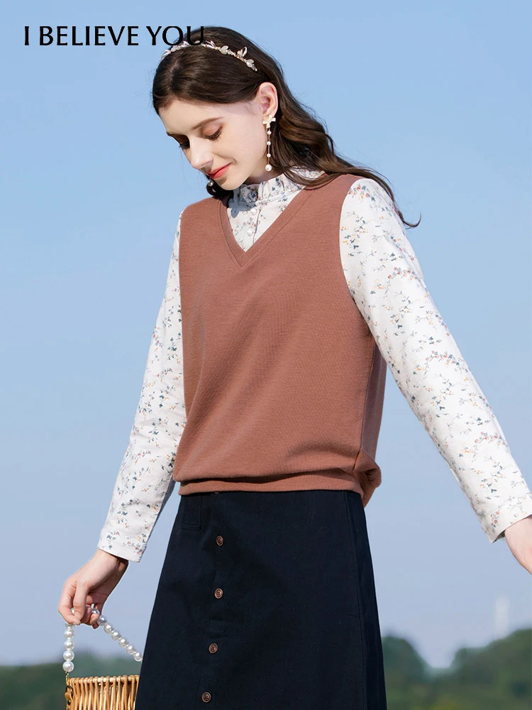 

I BELIEVE YOU Spring Knitted Tops Women Office Lady Oneck Printed Loose Long Sleeves Patchwork Sweater Female Tops 2213014003