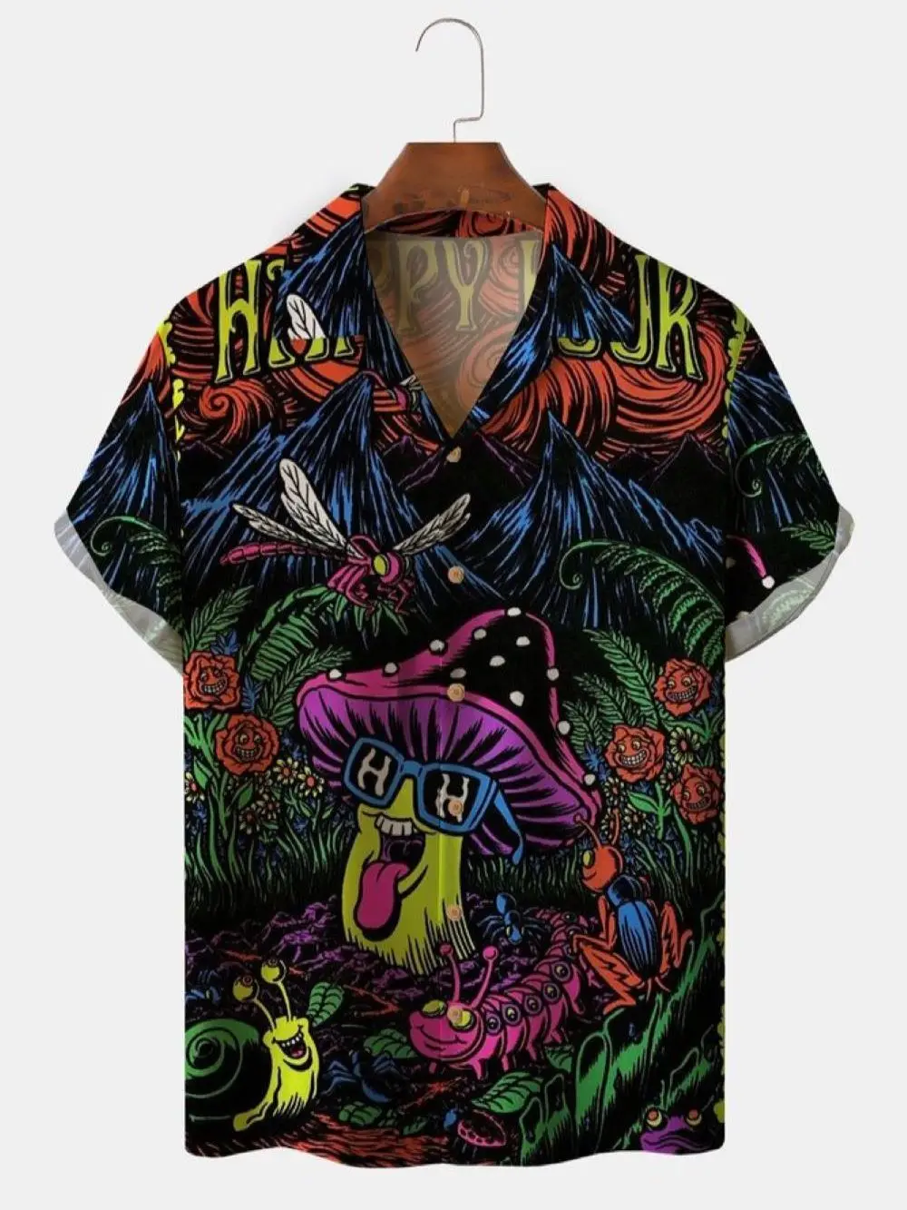 2023 new Mens Hippies Peace & Love Print Front Buttons Soft Breathable Chest Pocket Casual Hawaiian Shirt smens shirts luxury