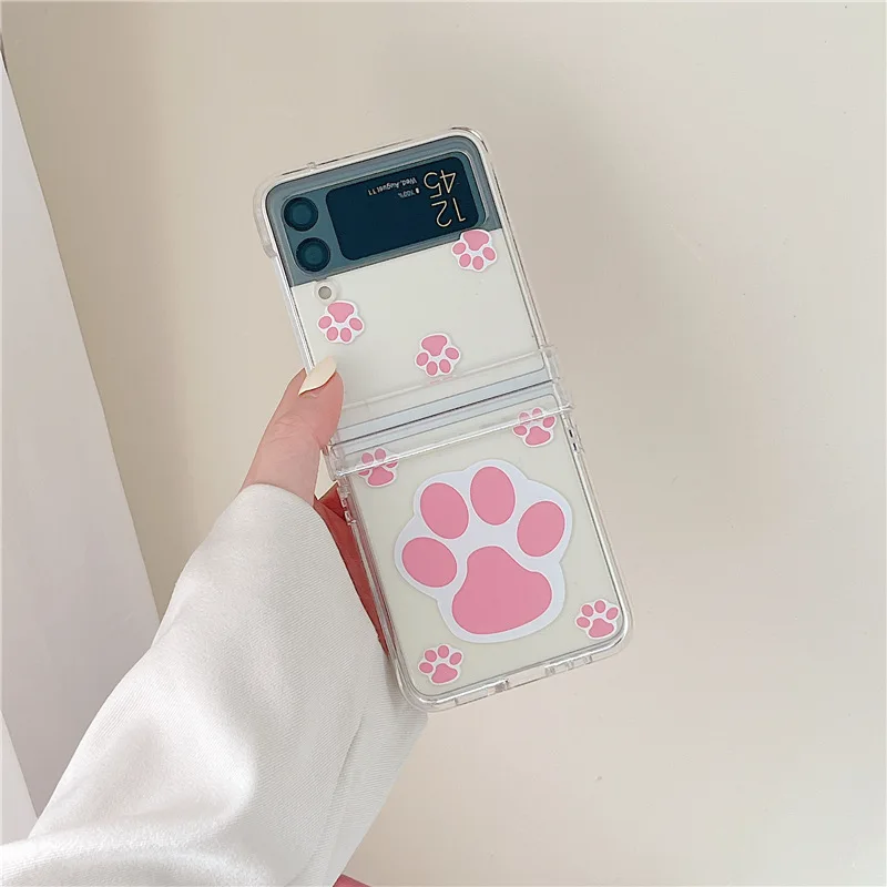 

Lovely Cartoon Cat Paw Transparent Phone Case for Samsung Galaxy Z Flip 3 5G Hard PC Back Cover for ZFlip3 Case Protective Shell