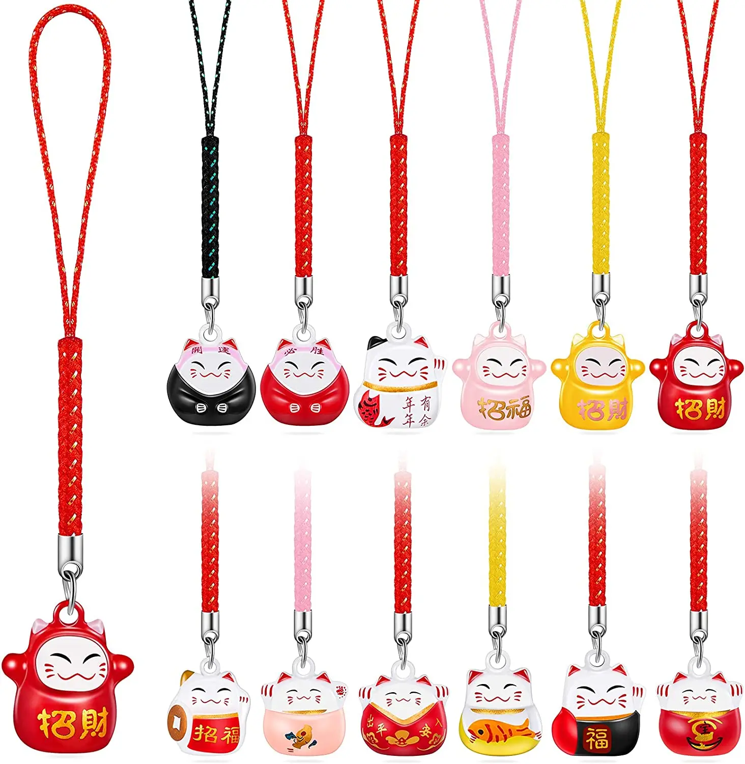 

12 Pieces Lucky Cat Beckoning Cat Keychains Pendant Japanese Maneki Neko Fortune Pendants Wealth Health Fortune Evil