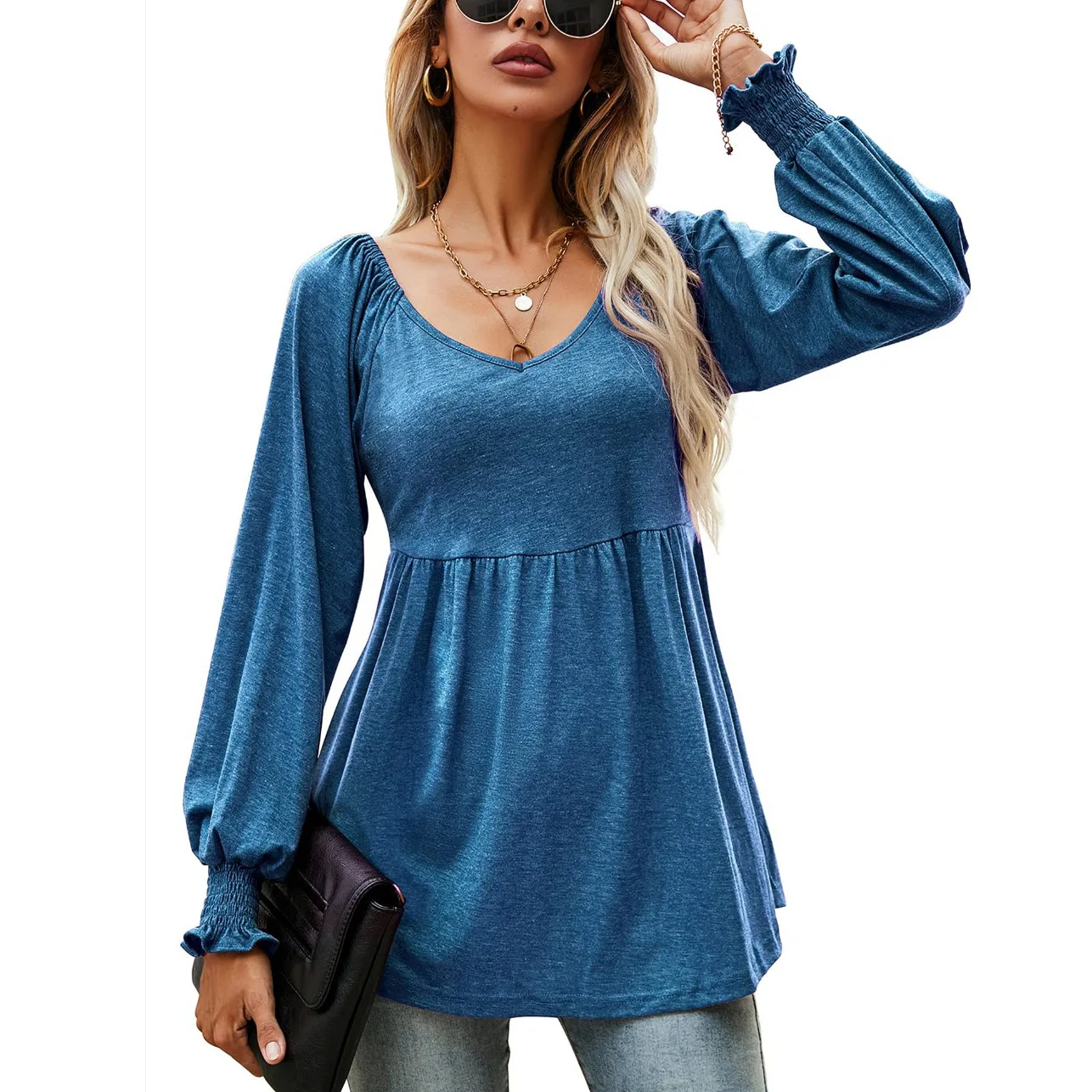

Women Blouses 2022 Summer Fashion Lantern Long Sleeve V Neck T-Shirt New Casual Solid Color Pleated Ladies Loose Top Streetwear