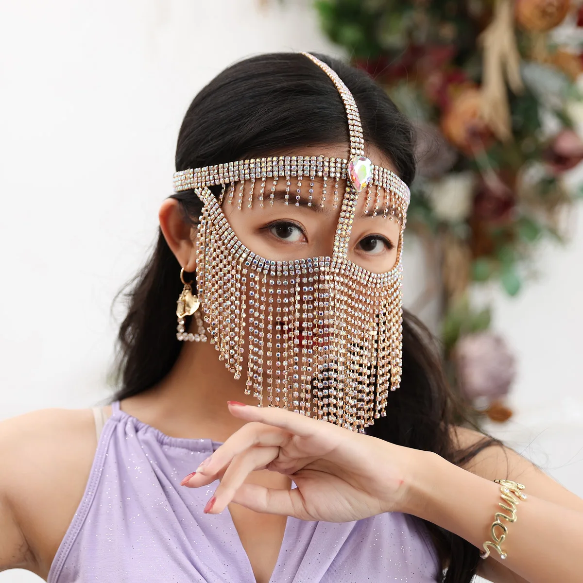 

Face Cover Performance Accessories New Belly Dance Face Mask Metal Diamond Chain Veil Indian Dancing Female Adult High-End