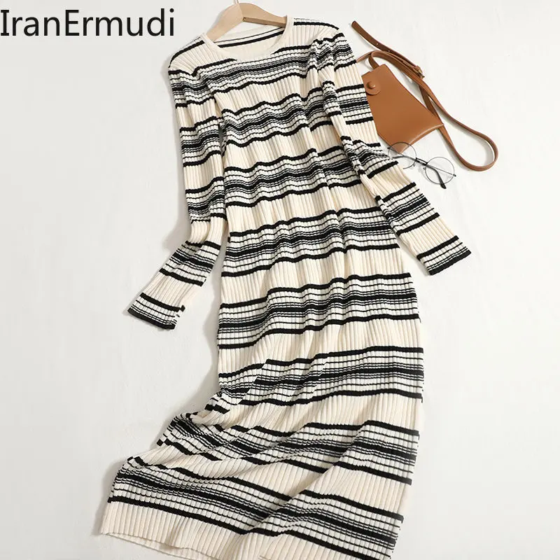 

IranErmudi Vintage Striped Maxi Dress Korean Casual Loose O Neck Bodycon Dresses Female Autumn Winter Stretchy Vestidos 2022