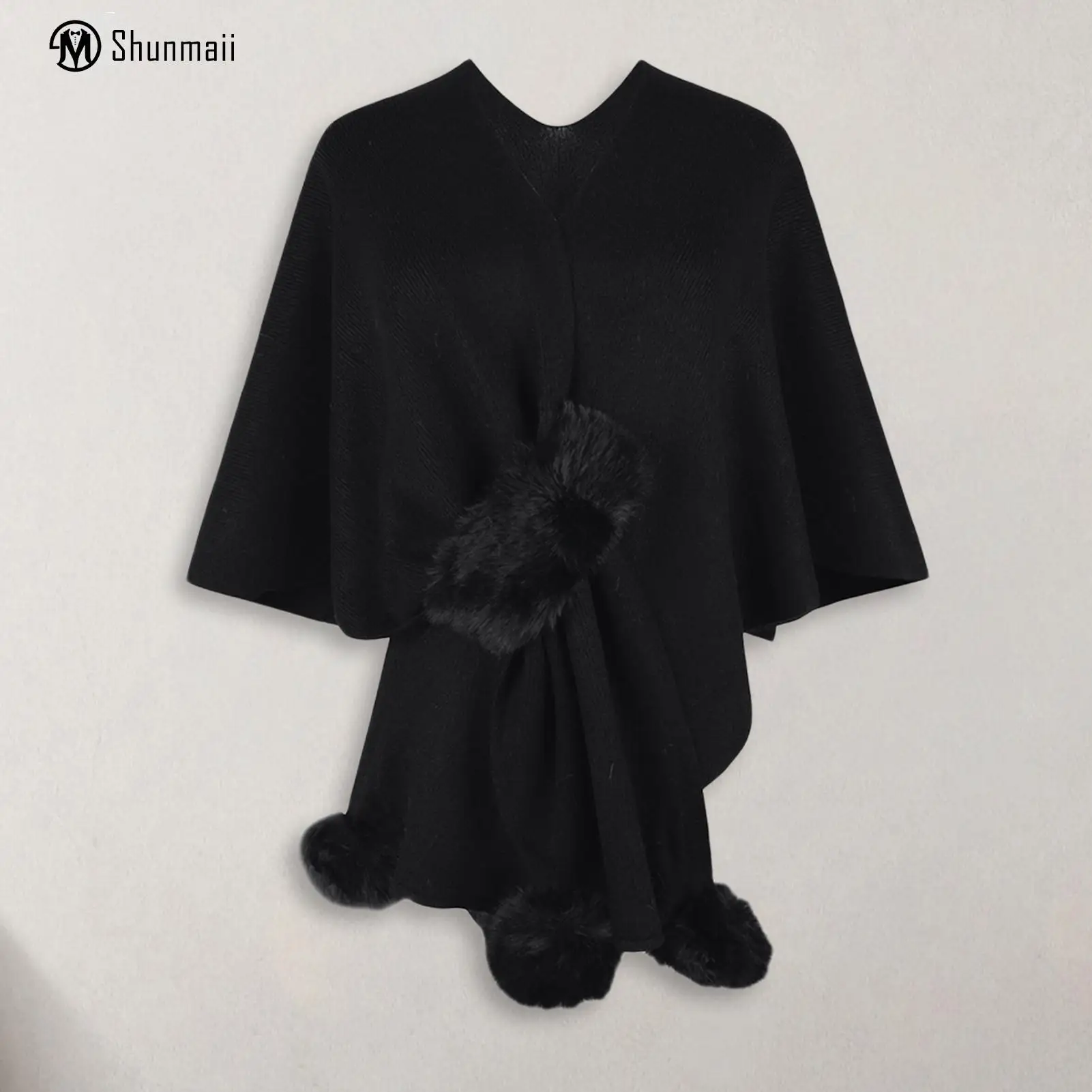 

V Neck Ladies Cardigan Cloak Slim Fit Women Basic Elegant Shawl with Fluffy Pompoms Solid Color Crochet Daily Outfit