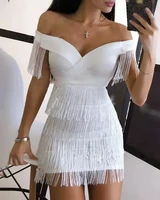 white tassel celebrity evening show party dress womens sexy tassel short sleeved club dress 2022 popular one shoulder dress