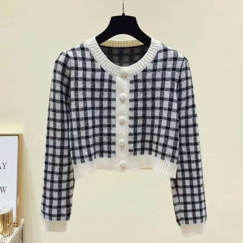 Женский трикотажный комплект из двух предметов клетчатый кардиган с высокой