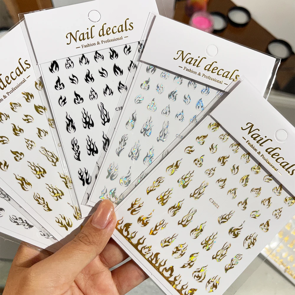 

Holographic Fire Flame Nail Stickers Adhesive Slider Laser Silver/Gold/Black Manicure Decals DIY Nail Art Decoration Accessories