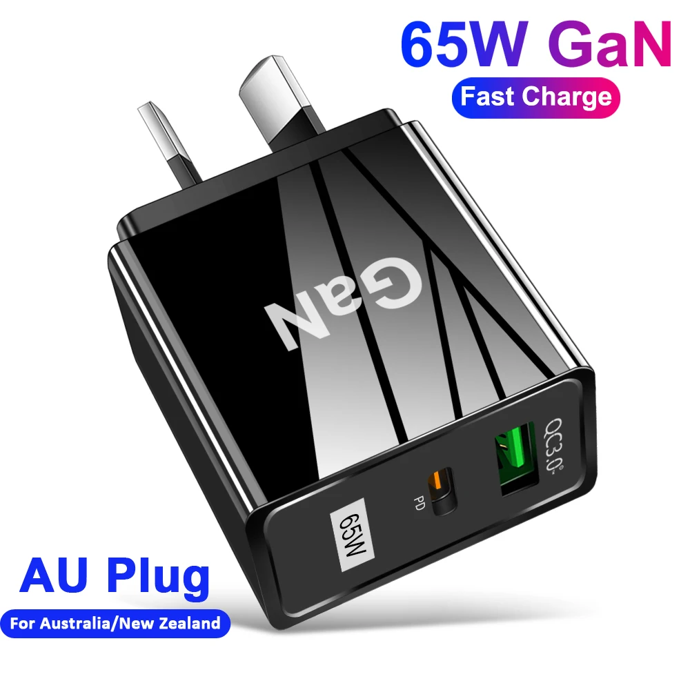 

65W Gan Charger AU Plug for Australia New Zealand PD 33W Fast Charger QC 3.0 USB Adapter for iPhone 14 13 Pro Max Samsung S23