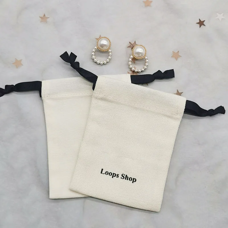Chic Cotton Gift Bags Custom Logo 8x11 10x15cm 13x18cm Jewelry Pouch with Ribbon Makeup Packaging Favor Goodie Bag Business