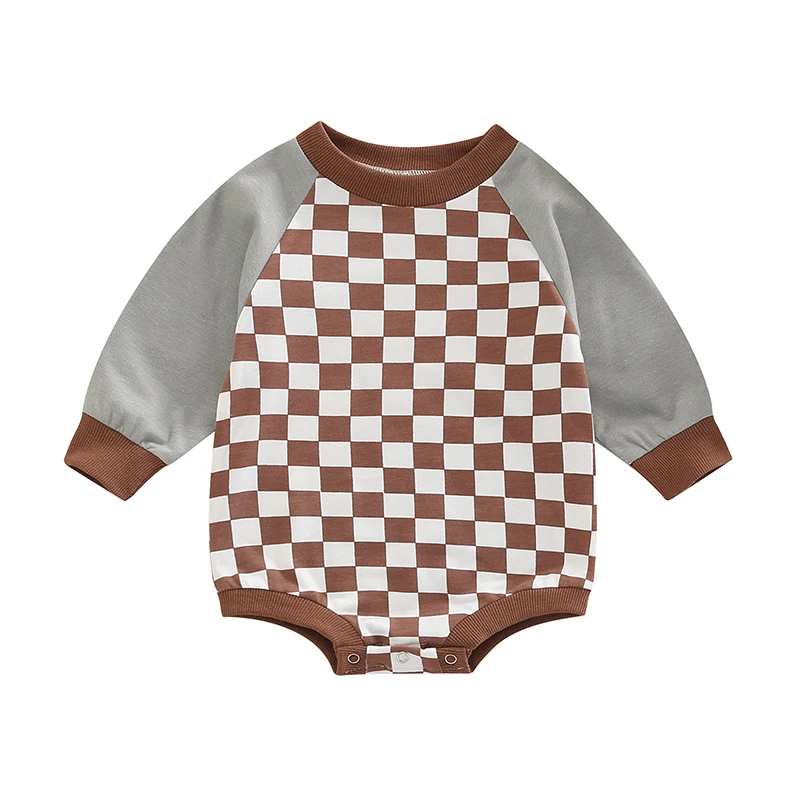 

Детский комбинезон в клетку, с длинным рукавом и круглым вырезом