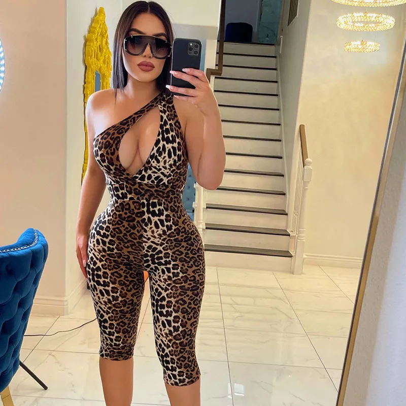 

Sexy Leopard Print Playsuit Women Elegant One Shoulder Cut Out Bodycon Romper Jumpsuit Sleeveless Party Club One-pieces Outfits