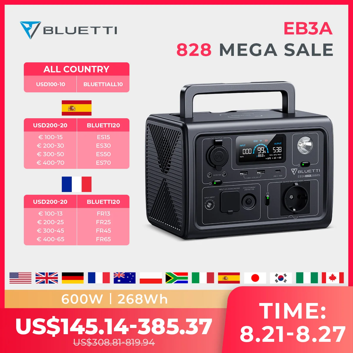 BLUETTI EB3A 600W Portable Power Station Solar Generator 268Wh LiFePO4 Battery Power Failure Camping Fishing RV UPS 2,500+ Cycle