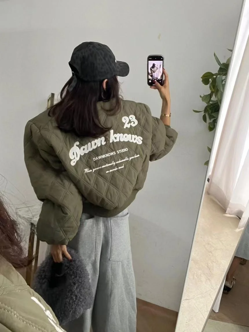 Letter Embroidery Rhombus Baseball Uniform Cotton-padded jacket Outerwear Women South korea Stand Collar Quilted Warm Age-Red...