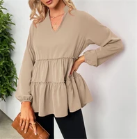 2022 autumn and winter womens solid color v neck frill ruffled hem shirt