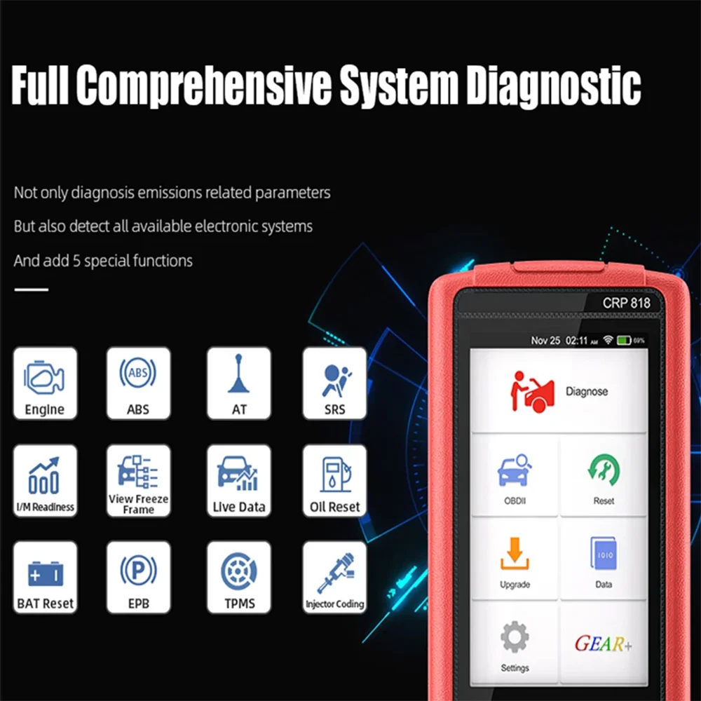 Диагностический сканер Launch X431 CRP818: Мощный инструмент с поддержкой OBD2, полной диагностики систем, сброса ABS, ETS, DPF, REG, TPMS, кодирования инжекторов (art.: 3920d930b3ecf) - 3920d930b3ecf