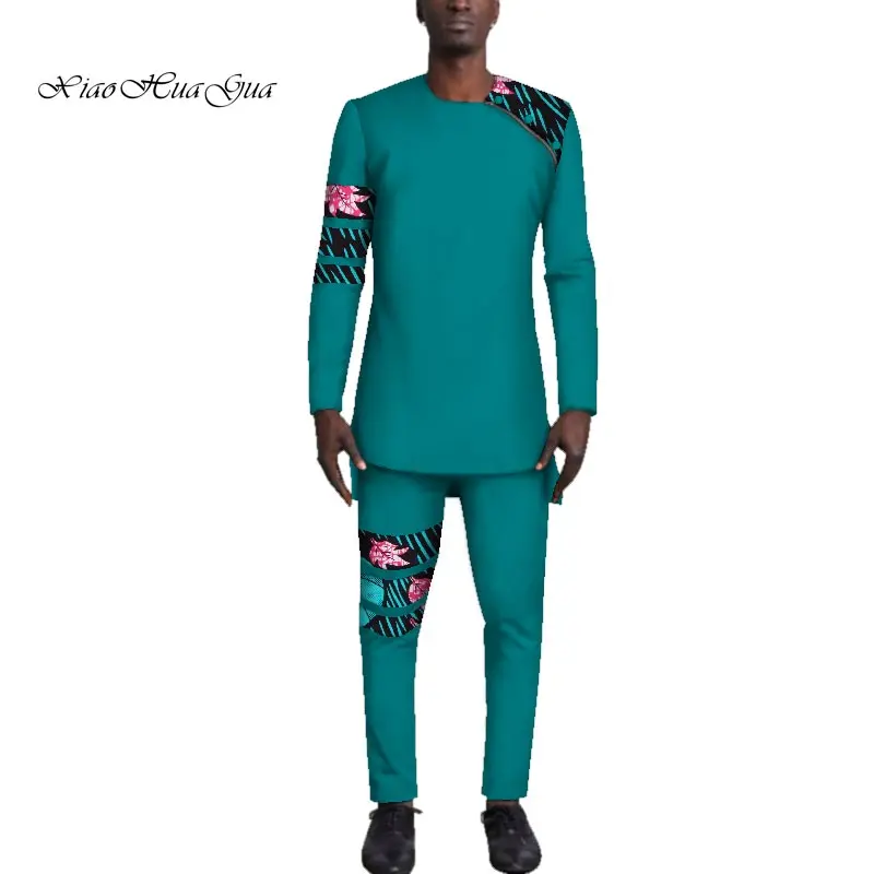 2020 New Casual Mens African Clothing Bazin Riche Patchwork Top Shirt and Pants Cotton 2 Pieces Pants Sets Party Wedding WYN501