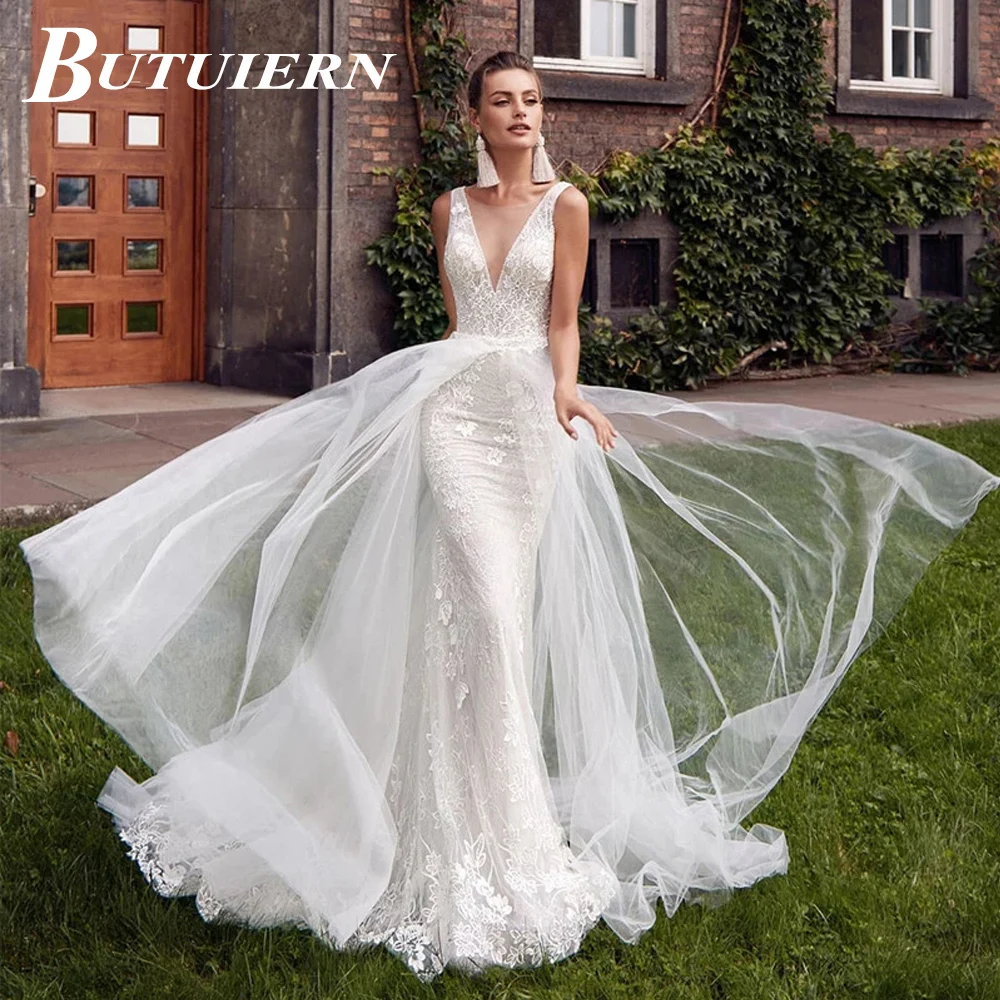 

Exquisite Sexy BUTUIERN Appliques Wedding Dress V-neck Sleeveless Lace Mermaid Bridal Gown Backless With Court Train Customised