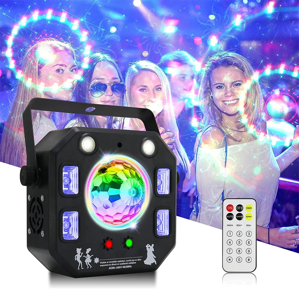 LED Laser Projector Light Disco Light DMX512 Strobe Magic Ball UV 4 IN 1 Stage Light with Remote for Party Holiday Wedding Decor