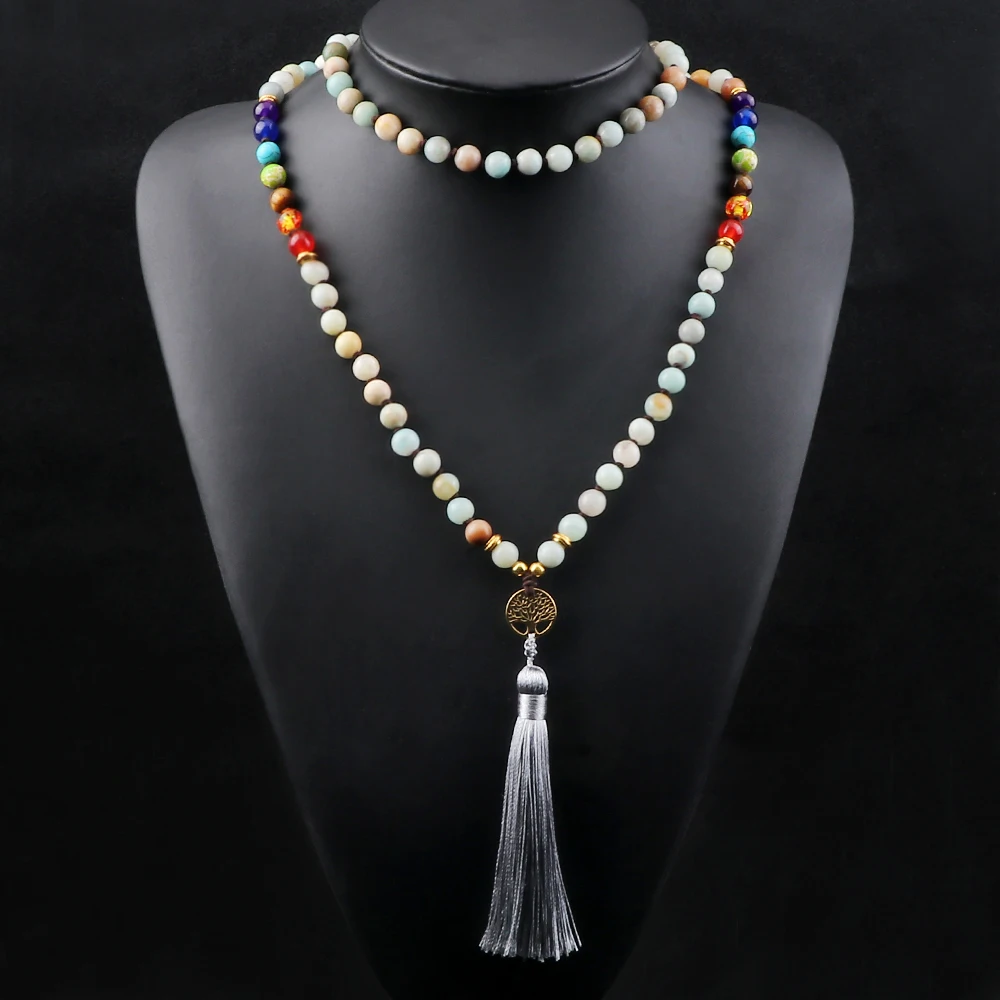 7 Чакра Амазонит Ожерелье из бисера дерево жизни подвеска с кисточкой мужское