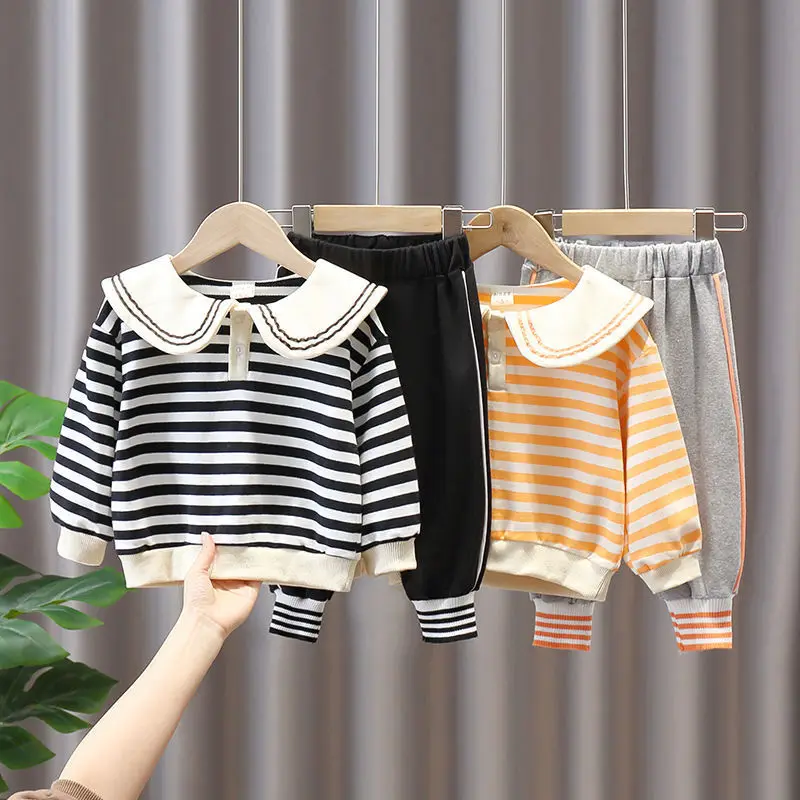 

Осенний детский хлопковый комплект для девочек, школьная форма, полосатый свитер с кукольным воротником и брюки, костюм, пуловер, свитшот, наряд