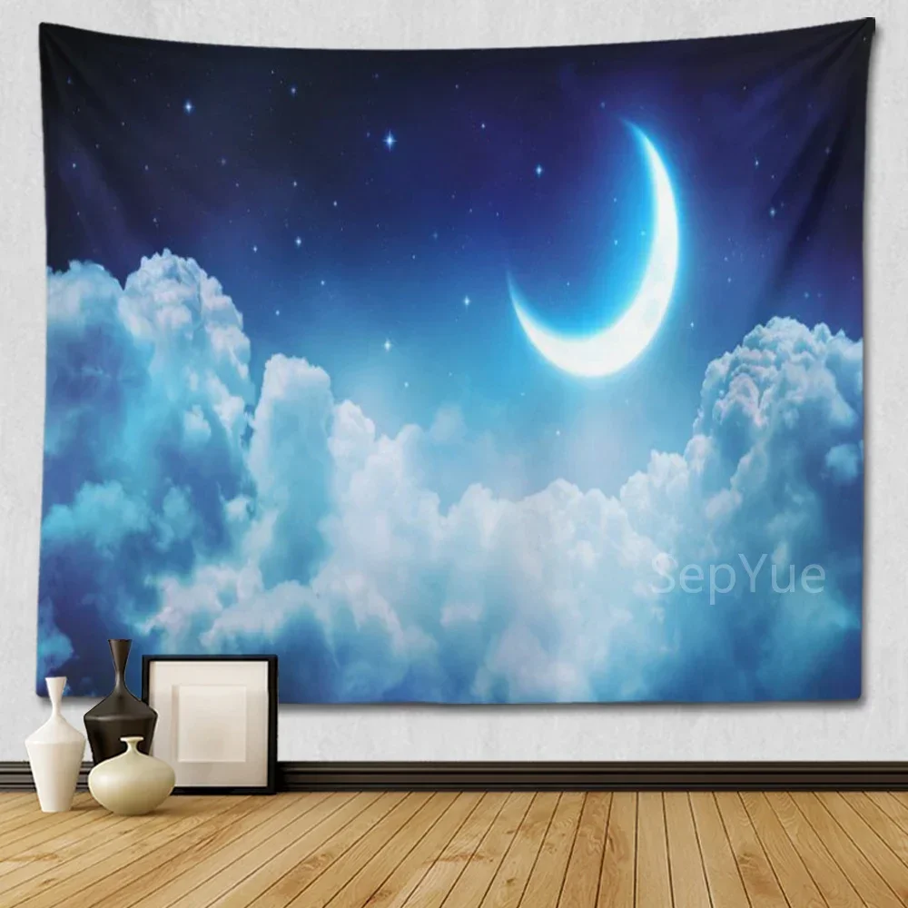 SepYue Moon and Stars Wall Hanging Blue Starry Tapestry Galaxy Universe Night Sky Space for Bedroom Living Dorm