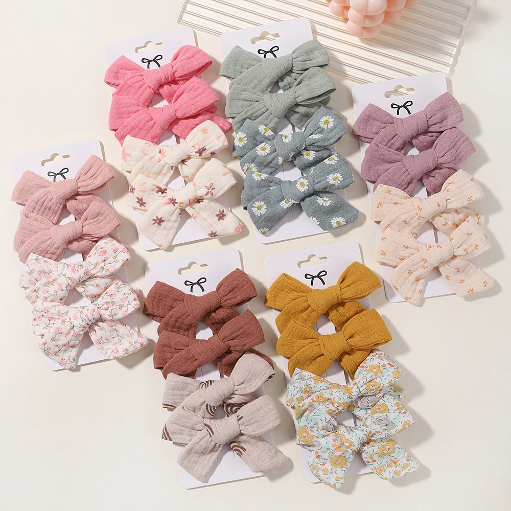 

4PCS/Set Muslin Baby Girls Bows Hair Clips Hairpins Hairclip For Kids Cotton Linen Barrette Flower Print Side Pin Accessories