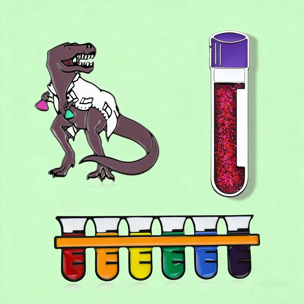 Фото Набор значков Catunyi Fun Science Experiment с тематикой динозавров и пробирок, подарочный набор значков для любителей химии №1