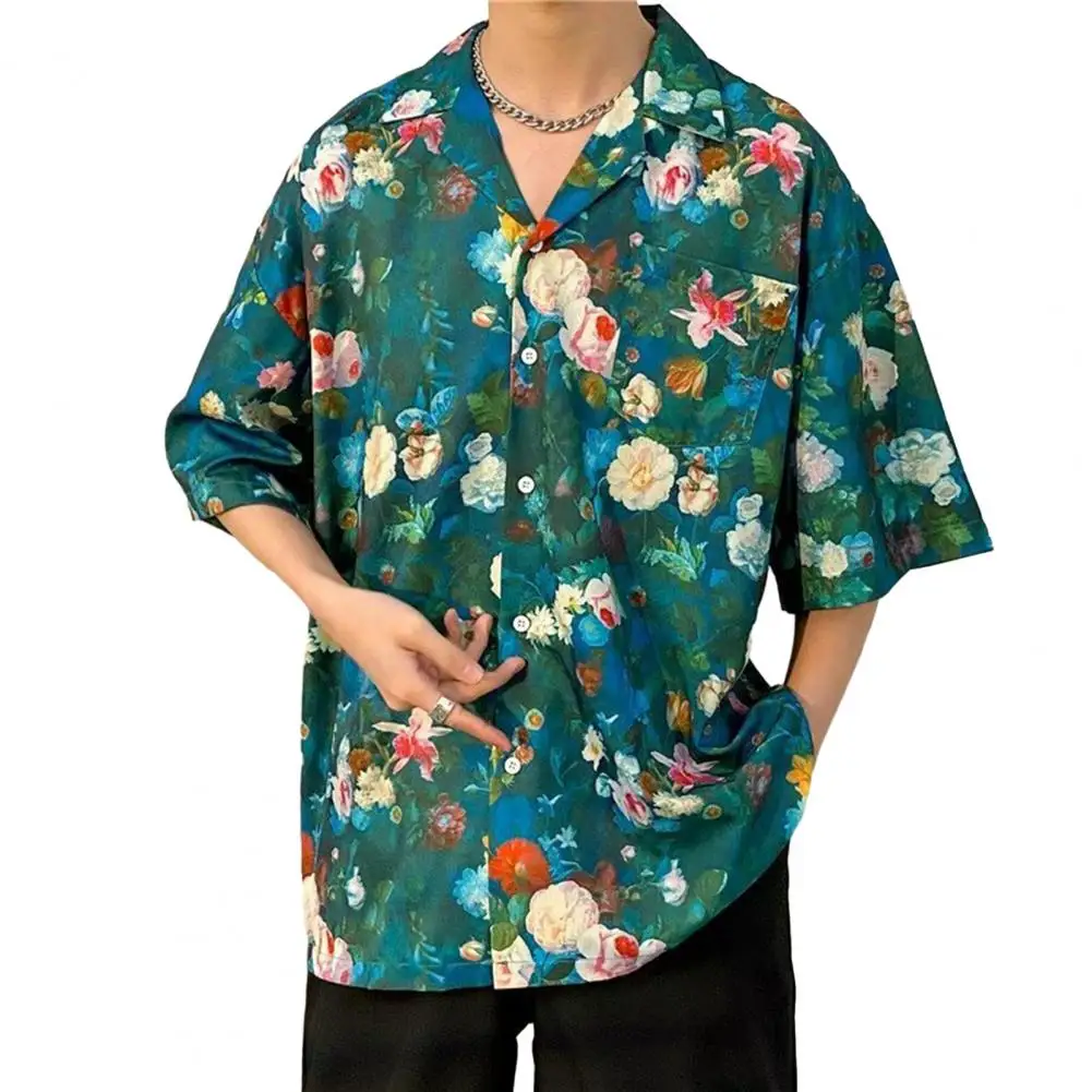 

Men Vacation Shirt Loose Flower Print Single-breasted Retro Holiday Couple Top Adult Beachwear
