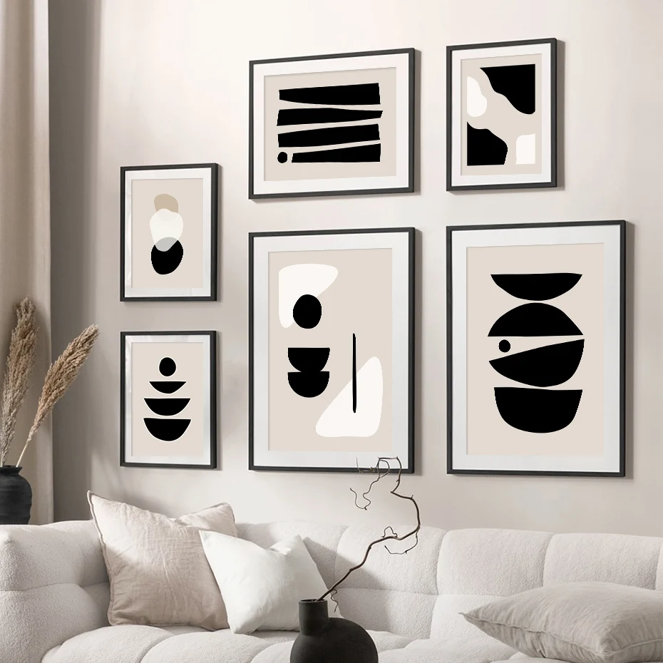 

Abstract Geometric Beige Black Boho Minimalist Poster Wall Art Canvas Painting Print Picture Living Room Modern Home Decoration
