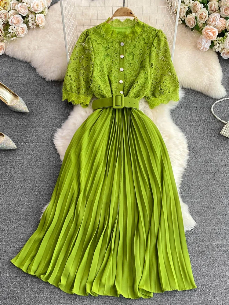

Summer Women Lace Hollow Out Pleated Dress Female Elegant Round Neck Short Sleeve A-Line Draped Elegant Vestidos New Fashion