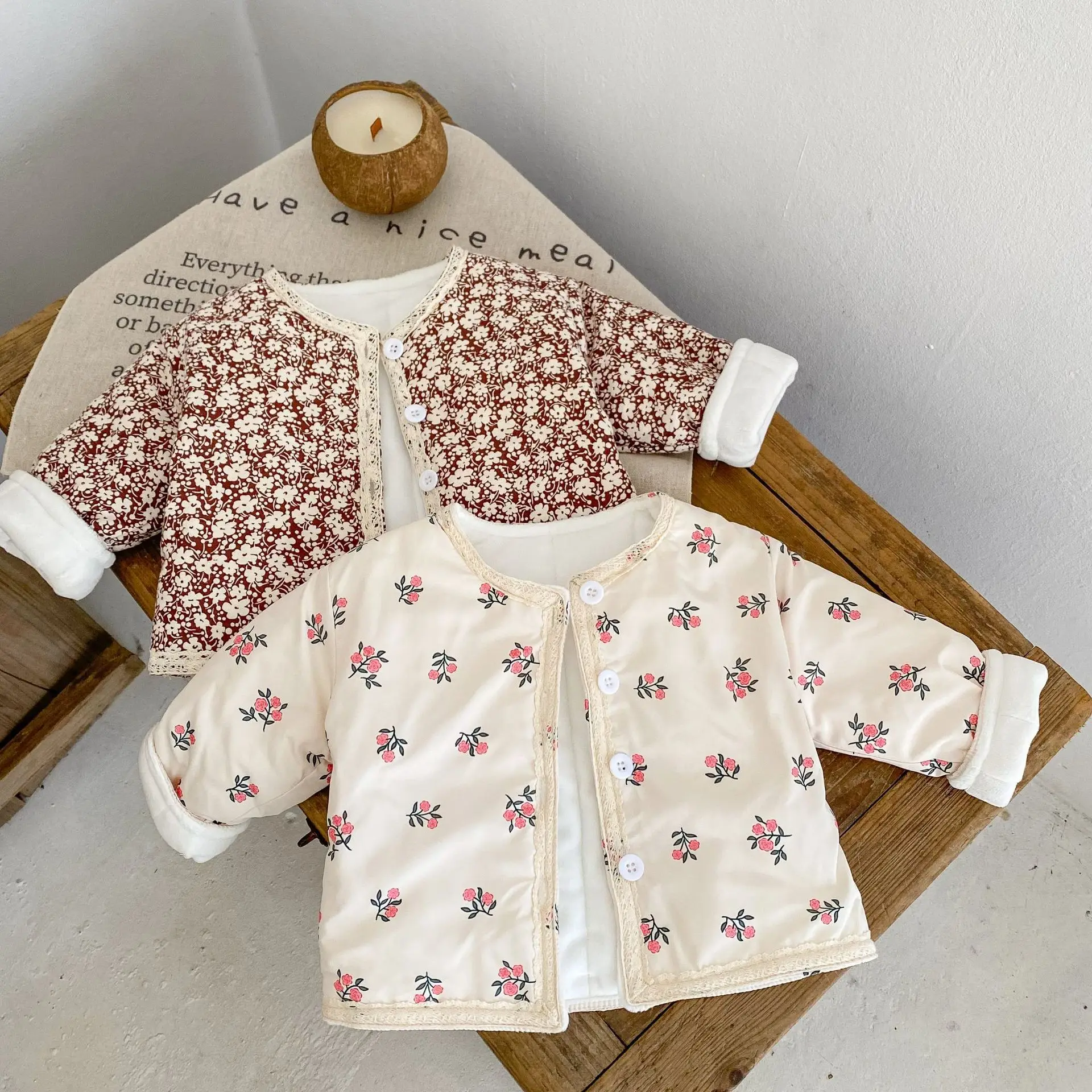 Winter New Baby Top Baby's Cotton Jacket Thickened Long Sleeve Lace Flower Clip Cotton Girls Cardigan Coat