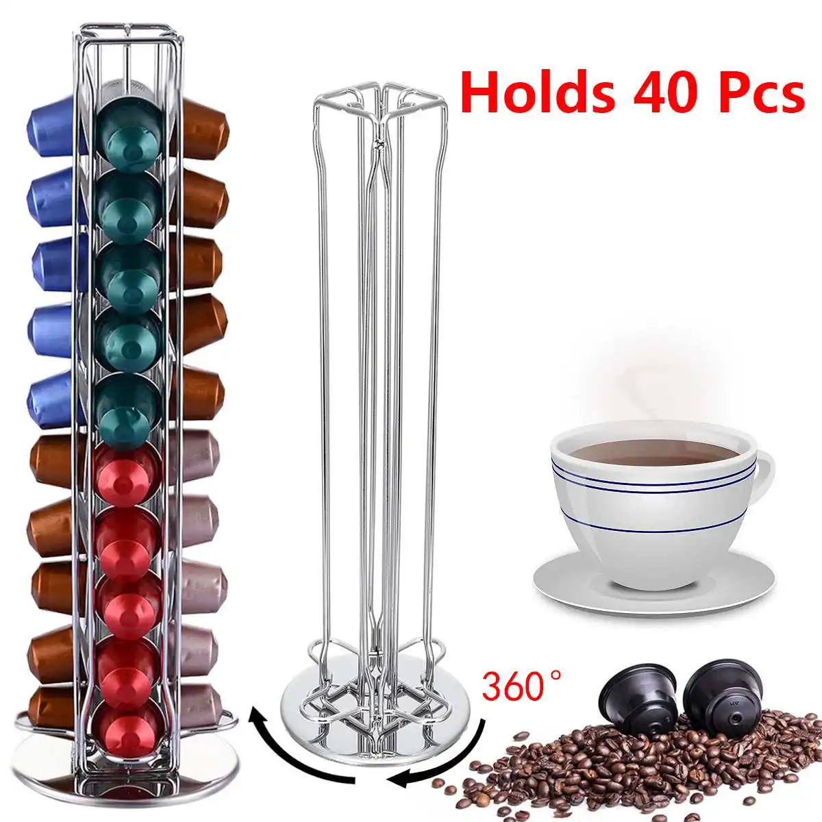 

Capacity of 40 Iron Wire Coffee Pod Capsule Holder 360 Rotatable Rack Tower Organizer Dispenser For Nespresso Counter Cafe Home