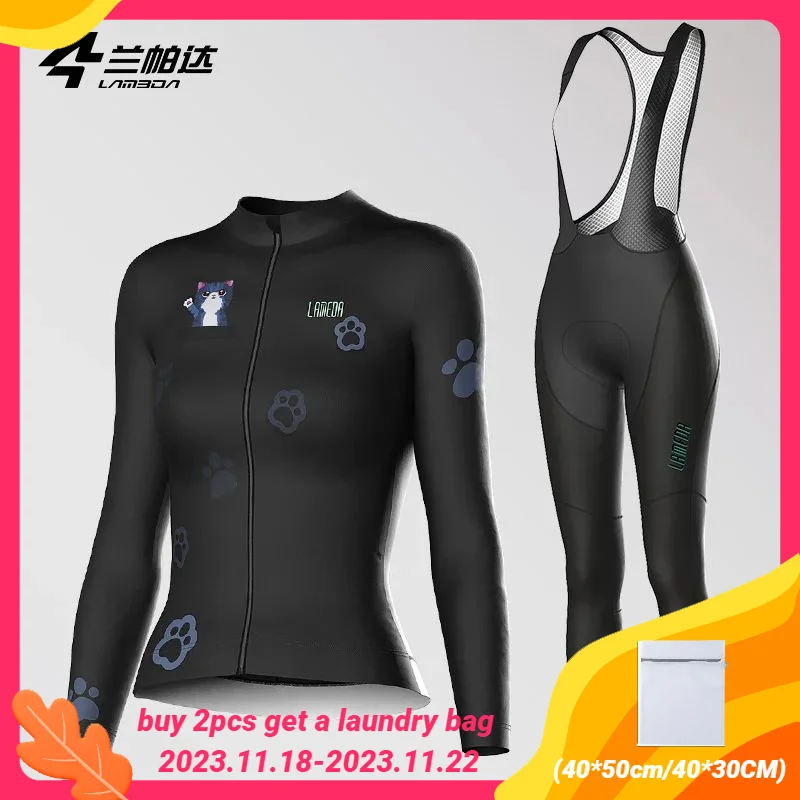 

Женский флисовый костюм Lameda с длинным рукавом и принтом кошки, ветрозащитная велосипедная одежда для осени и зимы, теплый водонепроницаемый велосипедный костюм
