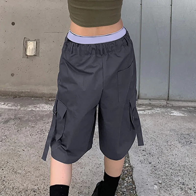 Goth Dark Grunge Y2k Streetwear Bermuda Shorts Vintage Gothic Casual Baggy Cargo Pants Women Fashion Low Raise Pocket Jorts 2023