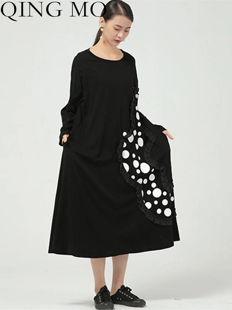 

QING MO 2023 Spring Autumn New Super Fairy Ruffle Polka Dot Loose Casual Long Western-style Dress Women Black White ZXF1888