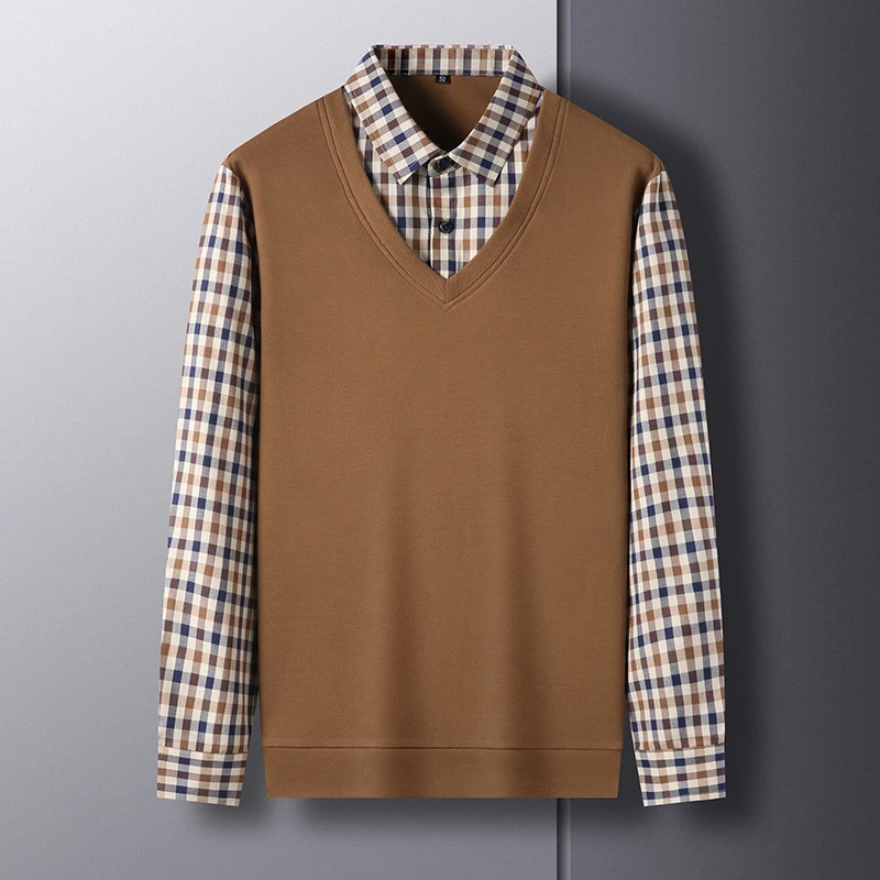 

Рубашка мужская деловая из 100% хлопка, мягкая Высококачественная однотонная из двух искусственных частей, Модный повседневный топ в клетку с отложным воротником и длинным рукавом