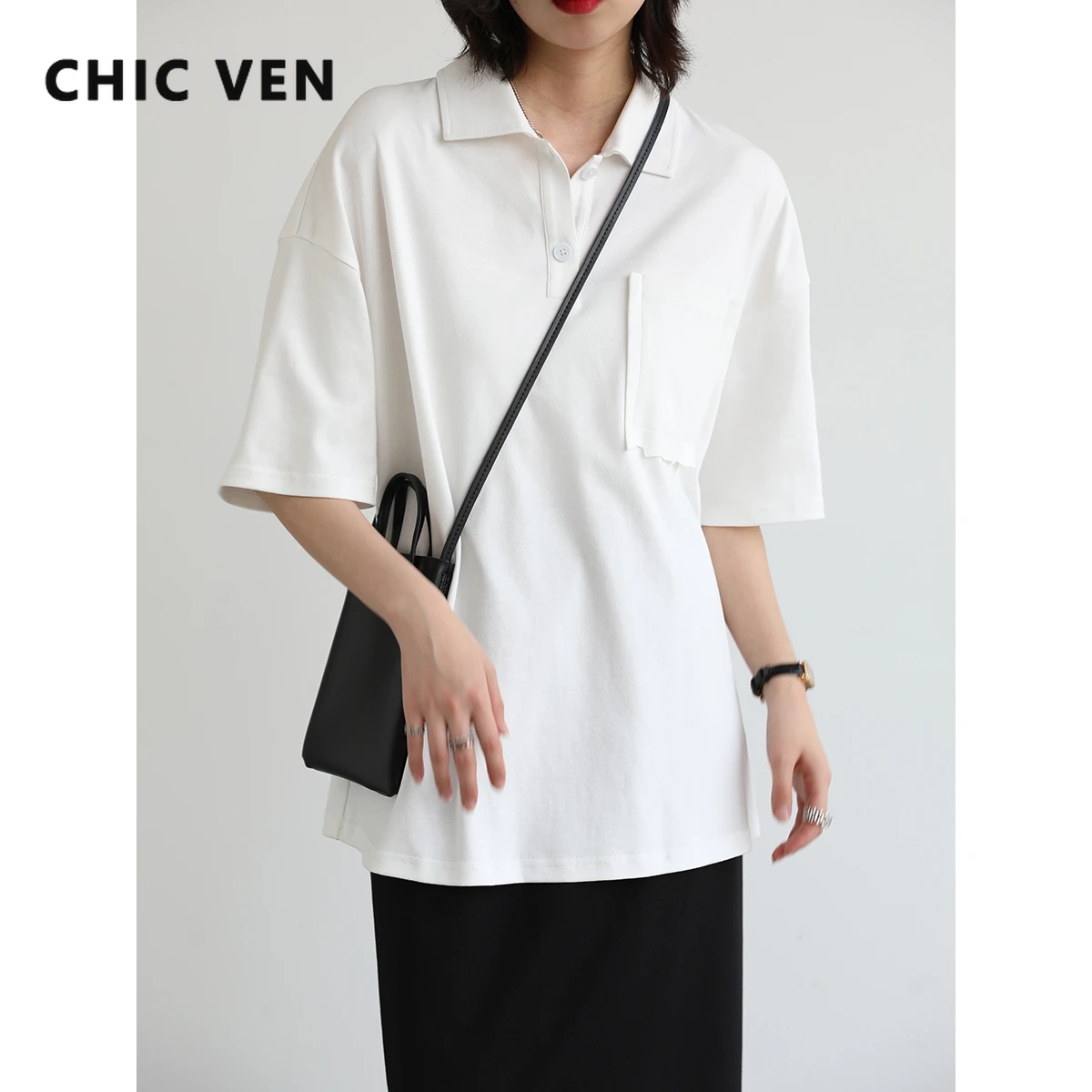 

CHIC VEN Women's T-shirt Solid Short Sleeve Casual Loose Cotton Pocket Irregular Burr Polo Collar Female Tops Summer 2022