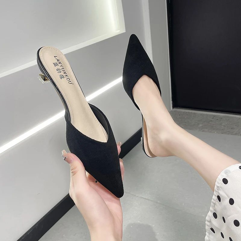 

Shoes Women Pointed Toe Flock Shallow Low Beige Heeled Sandals Ladies' Slippers Soft Cover Black Thin PU Rubber Slides Beige He
