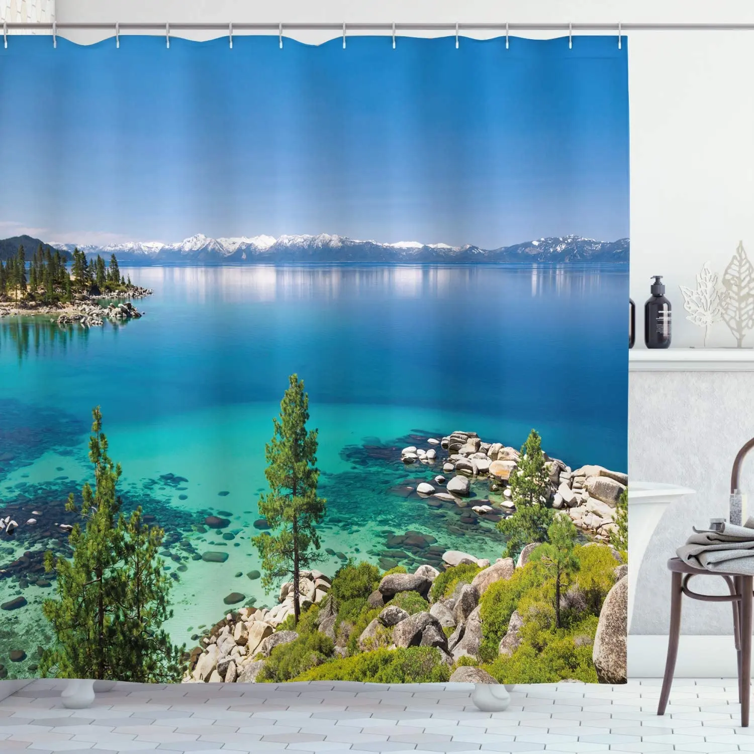 

Blue Shower Curtain, Tranquil View of Lake Tahoe Sierra Pines on Rocks with Turquoise Waters Shoreline, Cloth Fabric B