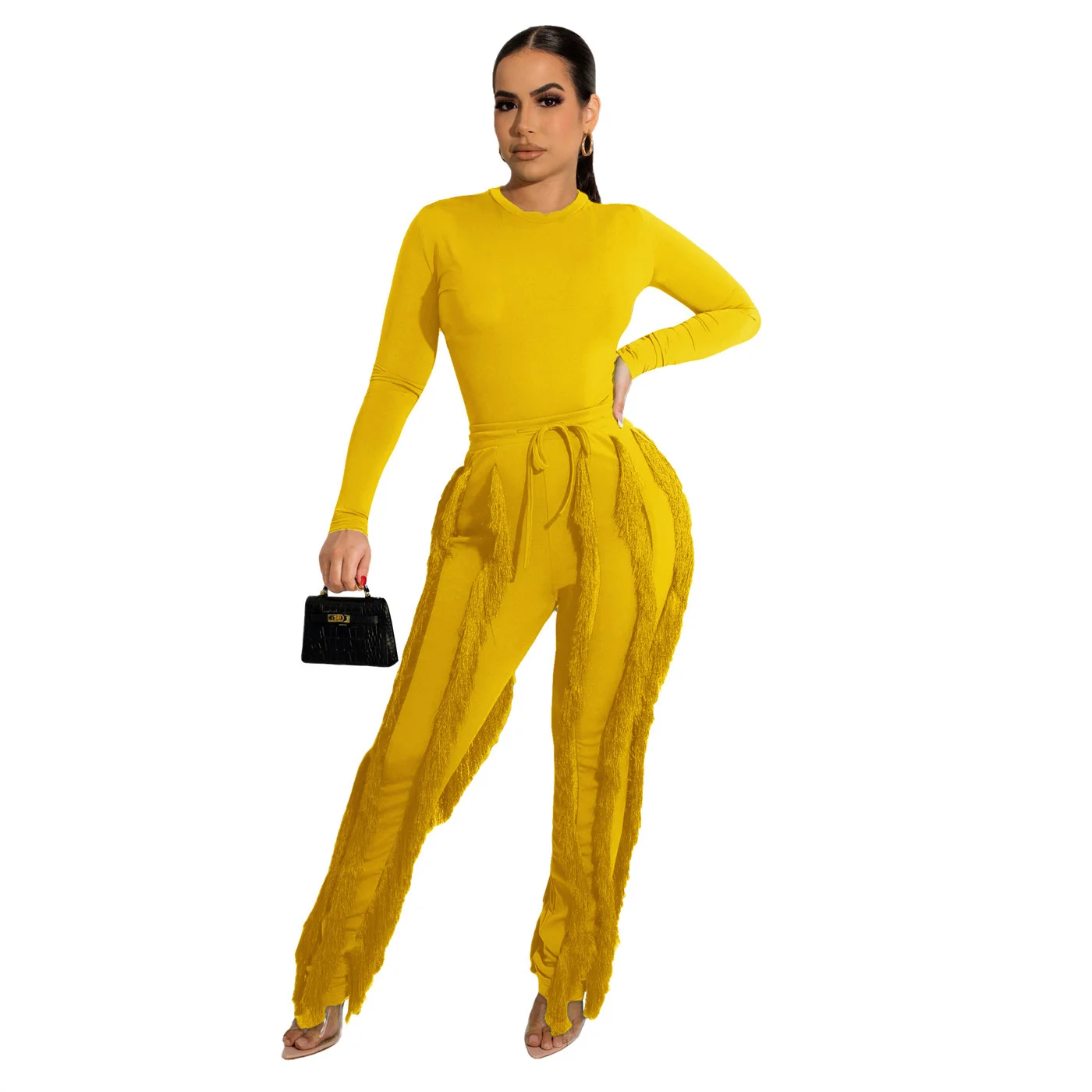 Long Sleeve Bodysuit and Pants Fringe Tassel Trousers Two Piece Set Tracksuit Women Clothing Sexy Skinny Outfits Y2k Clothes
