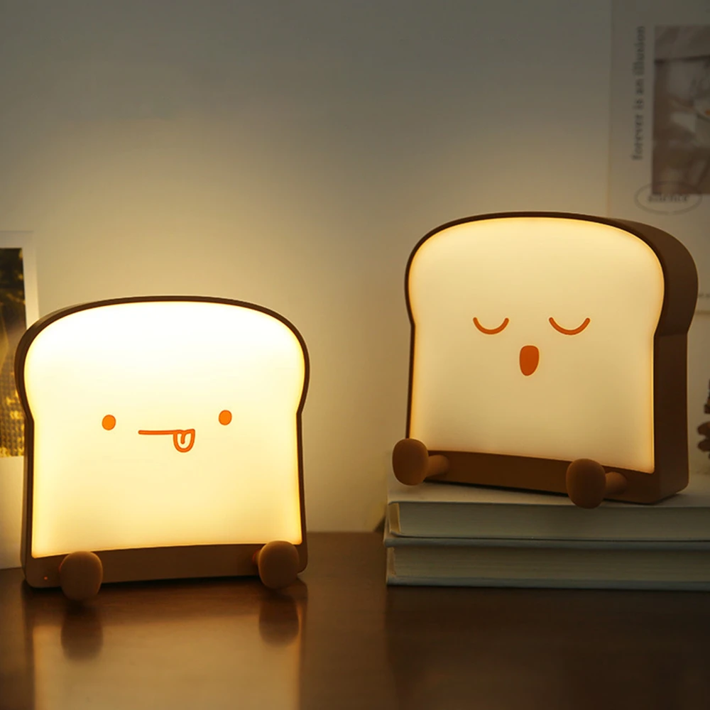 

Toast Bread LED Night Lamp Night Light Rechargeable Portable Bedroom Bedside Bed Lamp Unique Phone Holder With Back Warm Lights