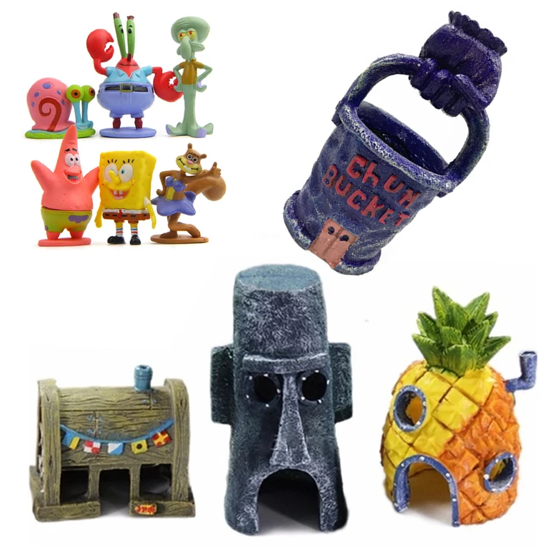 

Cartoon Pineapple House Aquarium Decoration Home Garden Fish Tank Squidward House Ornament Cute Krusty Krab Figure Action Gift