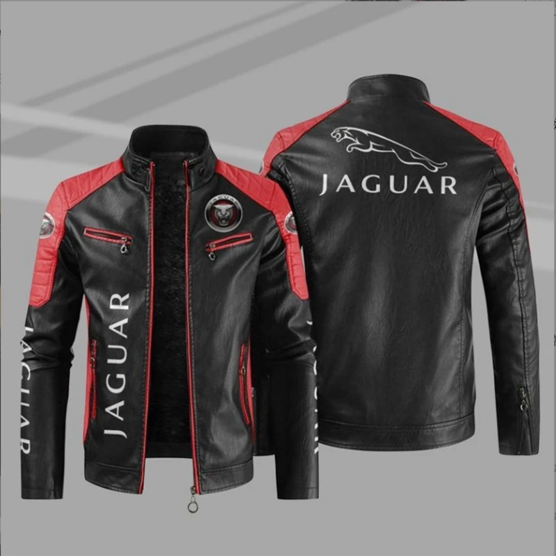 JAGUAR Car Logo motorcycle PU Leather Jacket Patchwork Biker Jackets Casual Zipper Coat Male Motorcycle Jacket Outwear Coat