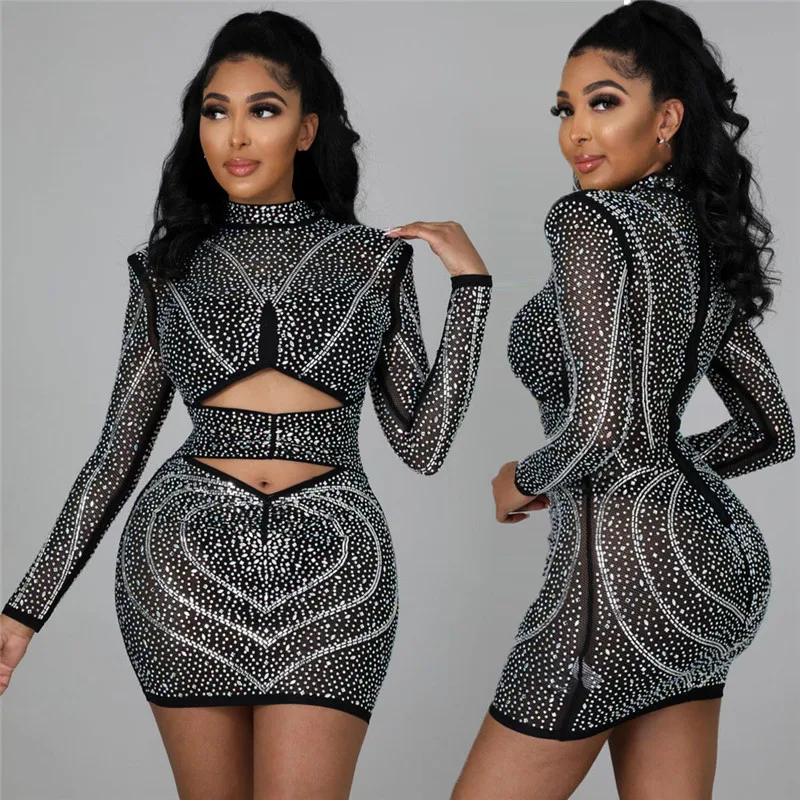 

WUHE Diamonds Hot Drill Cut Out Waist Long Sleeve Bodycon Mesh Women Dress for Sexy Night Party Pencil Black Dresses
