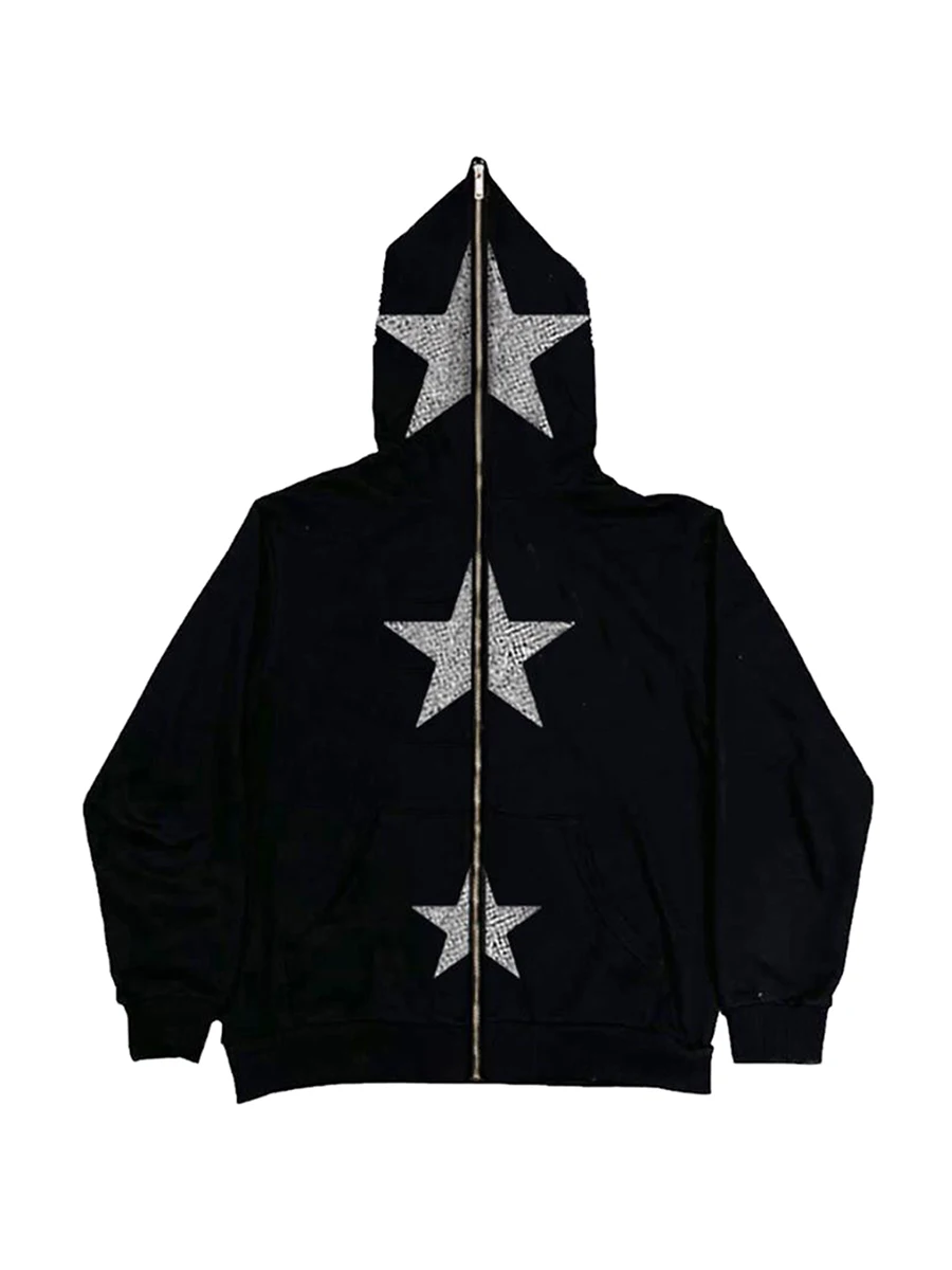 

Women Casual Star Print Hooded Coat Long Sleeve Zipper Rhinestone Streetwear Loose Coat